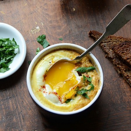 Baked Eggs with Smoky Caramelized Onion and Wilted Chard