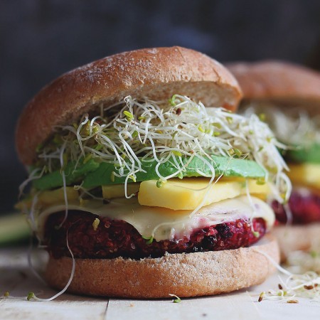 Sweet & Spicy Quinoa Beet Burgers with Mango & Sprouts